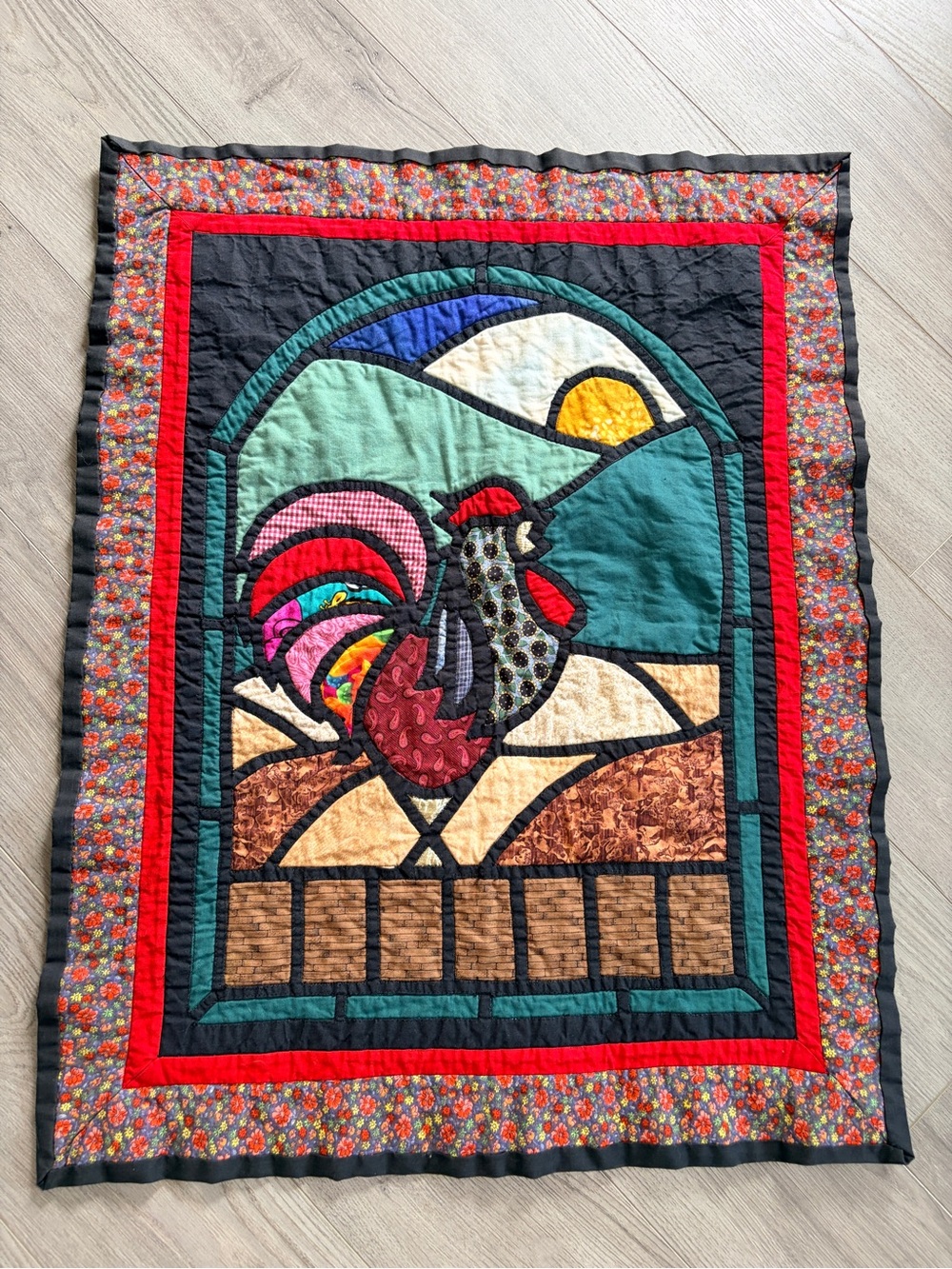 "A New Day Rooster" handmade quilt, stained glass appliqué.